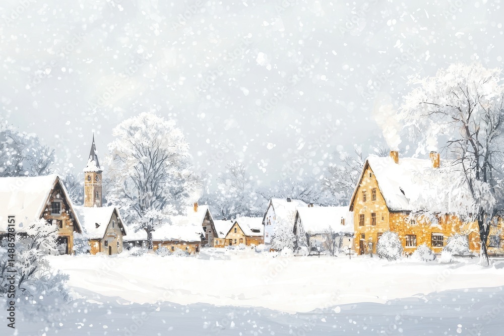 Fototapeta premium A picturesque village blanketed in snow, with cozy houses and trees, under a gentle snowfall in a serene winter landscape.