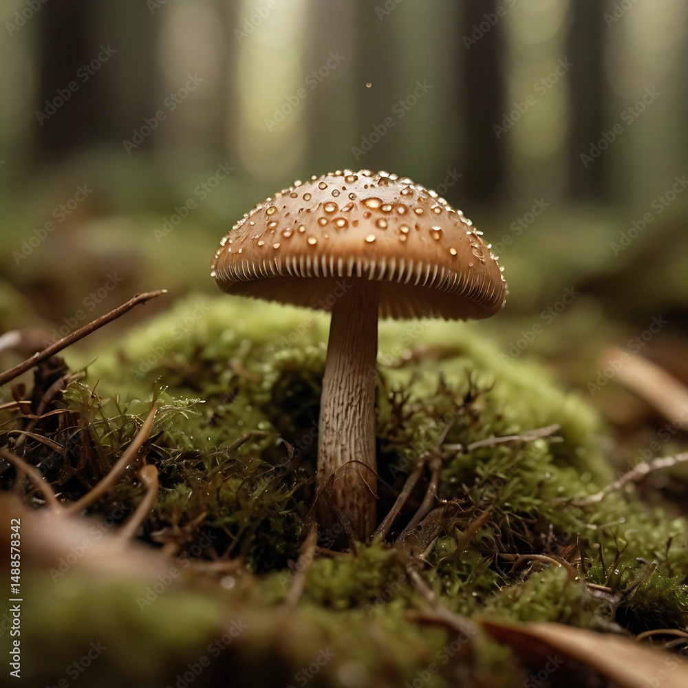 Fototapeta premium Close-Up of Brown Mushroom with Dew in Mossy Forest