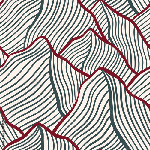 Seamless pattern with stylized mountain range. Stylish graphic surface design, textile print of hand drawn line art mountains. Minimalist texture with striped pattern. Vector illustration.