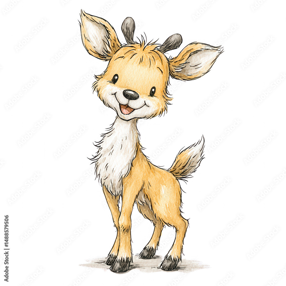 Obraz premium Adorable fawn with a happy expression stands playfully, looking upwards.