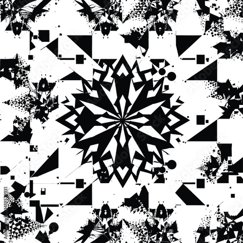 Intricate Starburst Emblem Featuring a Jagged, Symmetrical Core with Surrounding Geometric Elements Such as Triangles, Squares, and Circles, Representing Abstract Complexity and Dynamic Precision