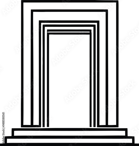 Architectural Portal Emblem Featuring a Series of Nested Rectangular Frames, Arranged in a Tunnel-Like Perspective with a Stepped Base, Representing Depth, Entryways, and Structural Design Concepts