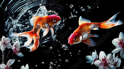 Two goldfish in mid-air splash, surrounded by water droplets and blossoms.