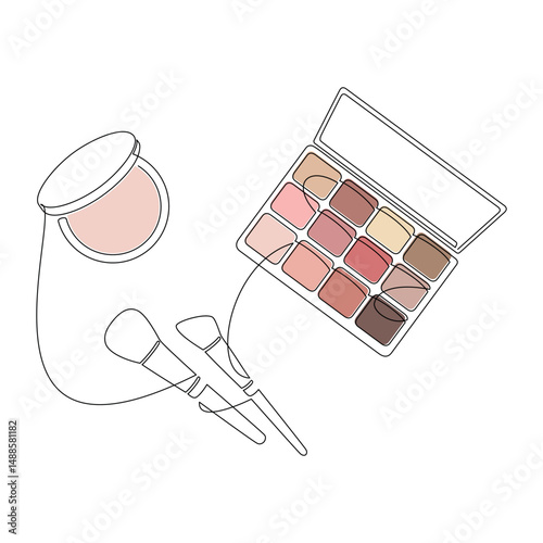 Hand drawn eyeshadow palette, makeup brushes and powder vector. Cosmetics icon, one line continuous drawing. Beauty product linear silhouette, minimal print, banner, card, poster, brochure.