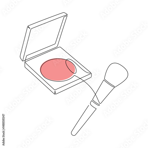 Hand drawn cosmetics vector. Makeup brush and blush icon, one line continuous drawing. Beauty product linear silhouette, minimal print, banner, card, poster, brochure, logo, sign, symbol.