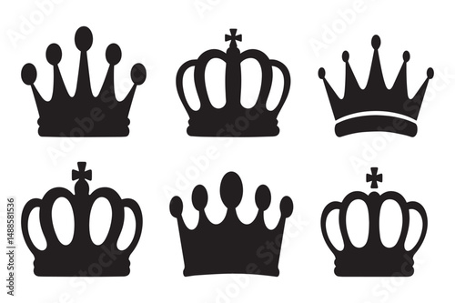 Vintage vector set offers a delightful illustration of coffee, tea, food icons, including a cup, cake silhouette, teapot, and crown design elements for a restaurant or cafe menu logo