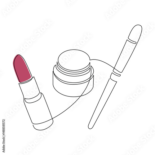 Hand drawn makeup set vector. Lipstick, brush, balm icon. One line continuous drawing. Beauty product linear silhouette. Cosmetics minimal print, banner, card, poster, brochure, logo, sign, symbol.