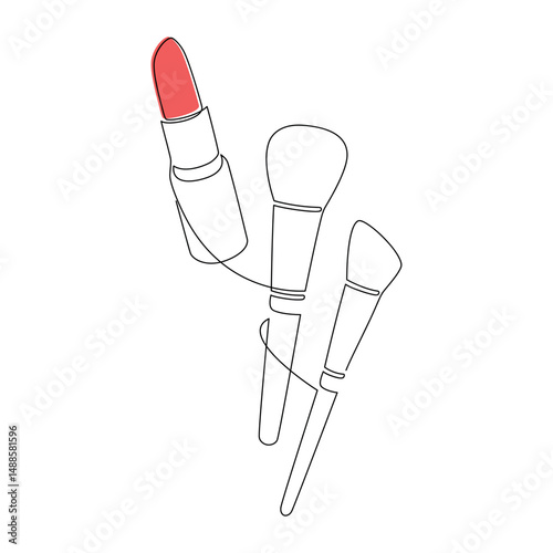 Hand drawn makeup set vector. Lipstick brush icon. One line continuous drawing. Beauty product linear silhouette. Cosmetics minimal print, banner, card, poster, brochure, logo, sign, symbol.