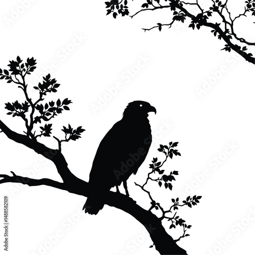 Raven Perched on a Branch Silhouette Featuring a Bold, Sharp-Edged Representation of a Lone Bird with Intricately Detailed Leaves and Twisting Branches, Symbolizing Mystery, Intuition, and the Beauty 