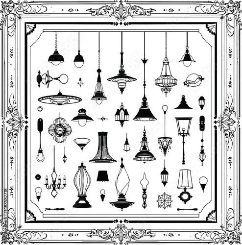 Elegant Lamp Collection Emblem Featuring a Diverse Array of Vintage and Modern Light Fixtures, Including Hanging Lamps, Chandeliers, Wall-mounted Lamps, Table Lamps, and Light Bulbs, Arranged