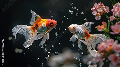 Two goldfish swim among bubbles and flowers.