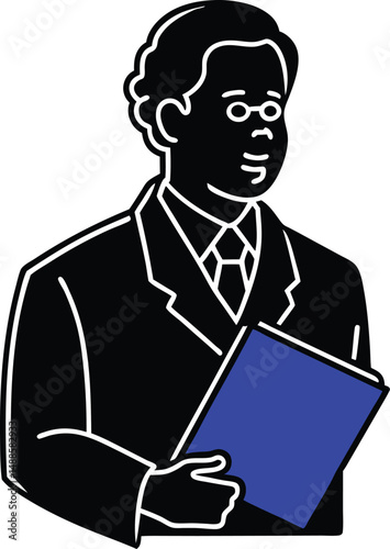 A stylized silhouette of a man in a business suit, holding a blue document folder.