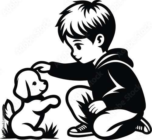 Little Boy Playing With Dog SVG Vector Illustration

