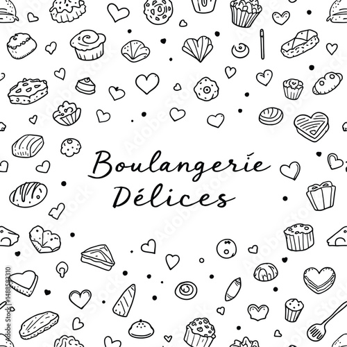 Boulangerie Délices Emblem Featuring an Elegant Collection of Hand-Drawn Bakery Items, Including Cupcakes, Croissants, Muffins, Pies, and Other Pastries, Accompanied by Decorative Hearts and Dots