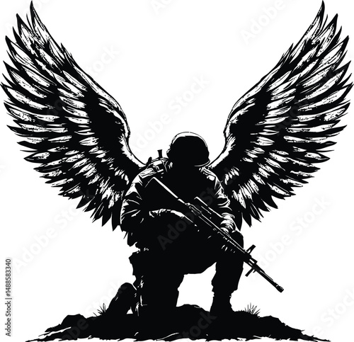 Angelic Soldier Silhouette Featuring a Kneeling Warrior Holding a Rifle, With Large, Feathered Wings Extending From the Back, Symbolizing Protection, Strength, and Honor
