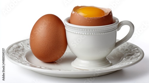 White egg sits on a plate next to a cup. The egg is cracked open, revealing the yolk inside. The scene is simple and unpretentious, with the focus on the egg and the cup
