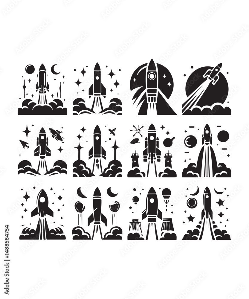 Naklejka premium Rocket launching silhouette vector illustration isolated on a white background, Rocket icons set.