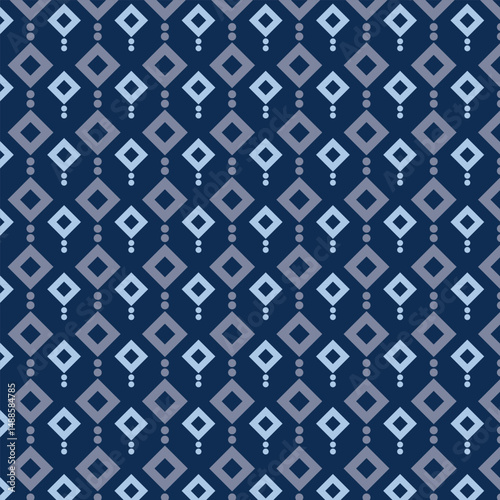 Doodle shapes motif continuous blue background. Modern fabric design textile swatch ladies dress, men's shirt all over print block.