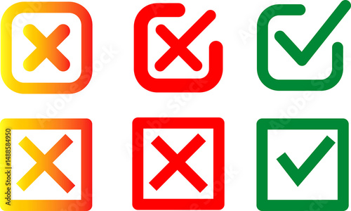 Check and Cross Icons: Approval Denial Symbols, 
Tick Mark and X Set: Correct Incorrect Graphics, 
Selection Box Icons: Yes No Indicators.
