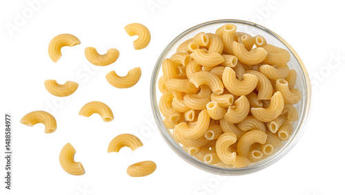 Curved macaroni pieces surround a glass bowl filled with uncooked pasta, showcasing the texture and shape in a bright setting for culinary inspiration Generative AI