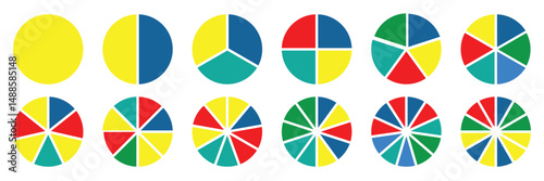 Circle section graph. Pie charts diagrams. Set of different color circles isolated. Infographic element round shape. Pie chart divided 3, 4, 5, 6, 7, 8, 9, 10, 11, 12 equal parts.  Used for analyzing.