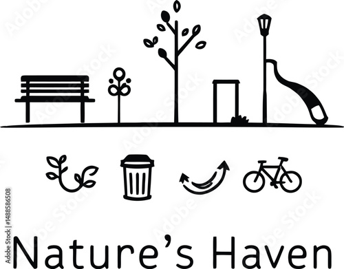 Nature's Haven Emblem Featuring a Park-Themed Composition with a Bench, Trees, Trash Can, Street Lamp, and Slide, Accompanied by Circular Icons Representing Sustainability, Recycling, and Eco-Friendly