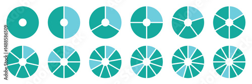  pie chart diagram. 1,2,3,4,5,6,7,8,9,10,11,12 sections or steps. Circle section graph. Colorful Pie chart set. Flat process cycle. Progress sectors. Circular chart. Vector infographic. Eps 10. 