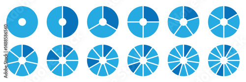Circle pie chart diagram. 1,2,3,4,5,6,7,8,9,10,11,12 sections or steps. Progress sectors. Flat process cycle. Pie chart set. Circle section graph.  Circles arrow cut separated.  empty middle. 