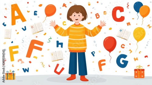 Learning Celebration: Joyful Child Surrounded by Letters, Books, and Balloons