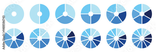 Pie chart set. Circle pie charts diagrams. Different color circles isolated. Circle section graph. Infographic element round shape. Pie chart divided equal parts. Colorful circle arrow charts. 