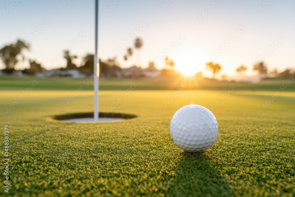 Obraz premium Golf ball by the hole on the green, sunset over the golf course.
