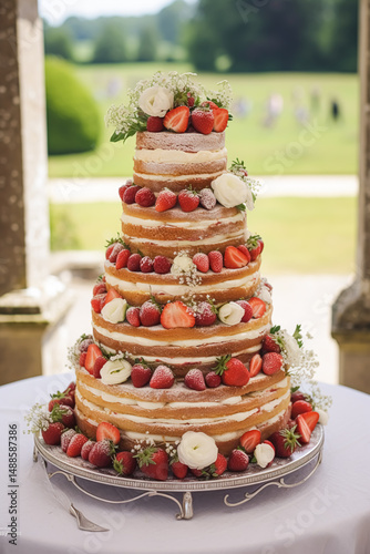 Strawberry cake for wedding, birthday and party celebration, holiday dessert event food catering, country cottage style, post-processed, generative ai