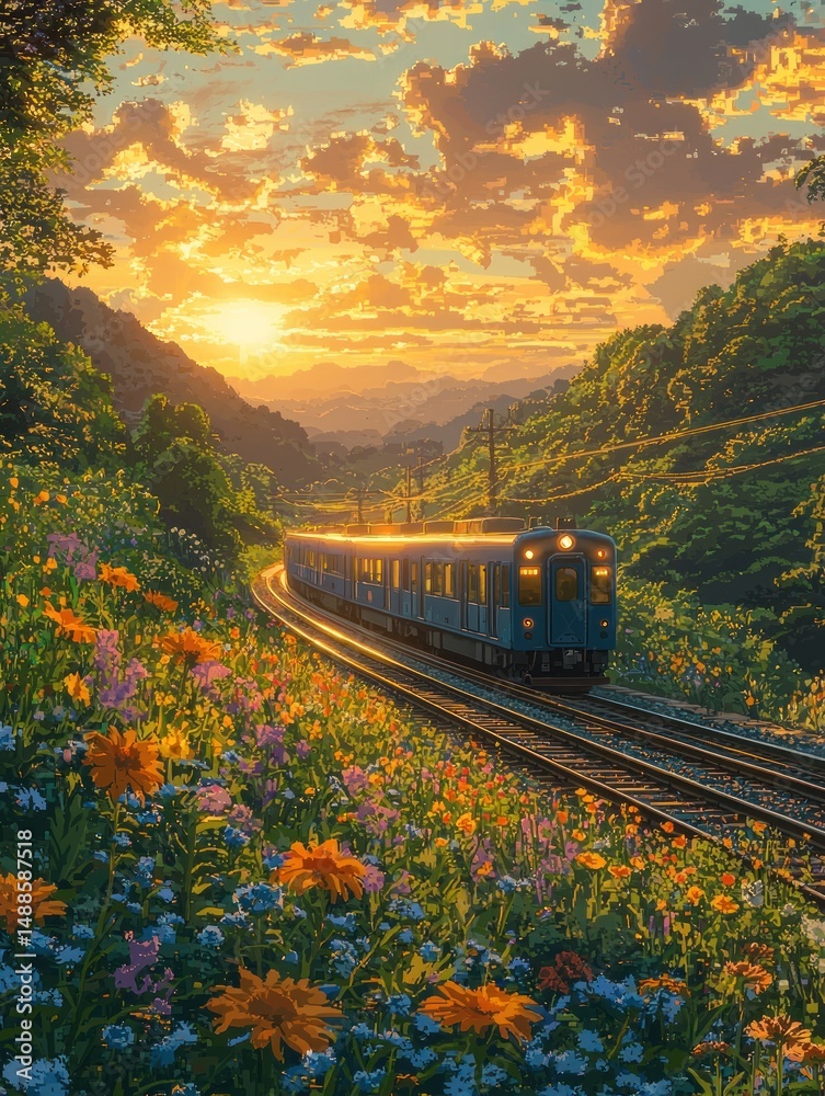 Fototapeta premium Train Journey Through Flower Field at Sunset Scenic Countryside View