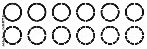 Circle section graph. Pie charts diagrams. Set of different color circles isolated. Infographic element round shape. Pie chart divided 3, 4, 5, 6, 7, 8, 9, 10, 11, 12 equal parts.  Used for analyzing.