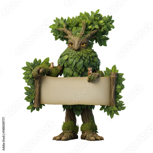 Mystical tree creature with leafy and owls holding blank scroll for nature themed designs