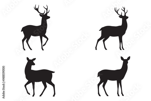 A vector illustration features a set of black deer silhouettes, including stag and reindeer with antlers, evoking a wild animal and nature design