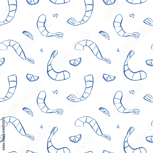 Blue seamless pattern of shrimps and lemons on white background hand-drawn in one line with variable thickness and no shadows