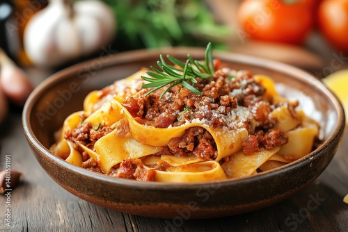 Pappardelle Pasta with Wild Boar Ragù in Rustic Tuscan Setting