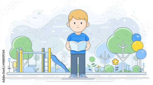Boy Reading in the Park - Vector Illustration