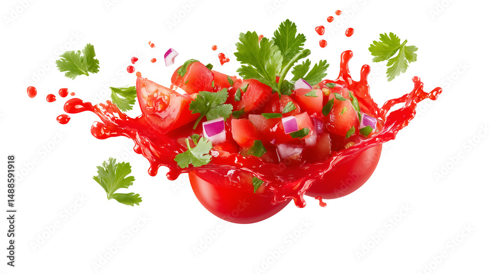 Fresh tomato salsa splash with parsley isolated on white