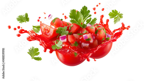 Obraz na płótnie Fresh tomato salsa splash with parsley isolated on white w salonie