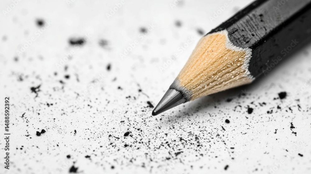 Close-up of a pencil with a sharpened tip. the pencil is resting on a white surface with small black speckles scattered around it. Close-up of a pencil with a sharpened tip. the pencil is resting on a white surface with small black speckles scattered around it.