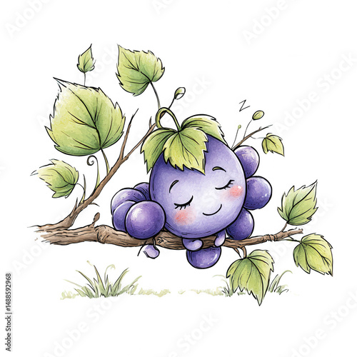 A cute grape character sweetly sleeps on a branch with green leaves art.