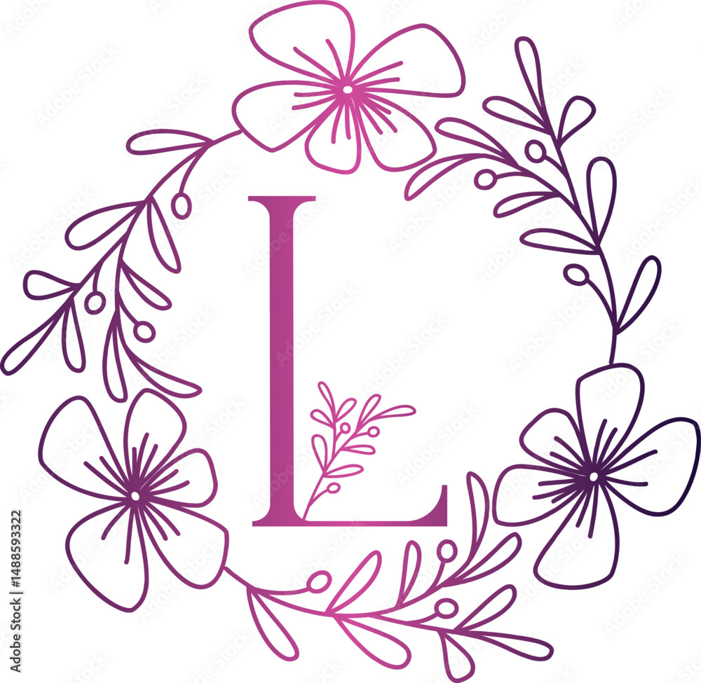 Obraz premium Pink to purple letter L floral wreath illustration