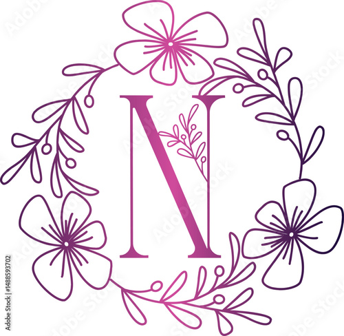 Pink to purple letter N floral wreath illustration