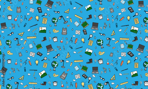 hand drawing School supplies pattern, colorful color on blue background, 