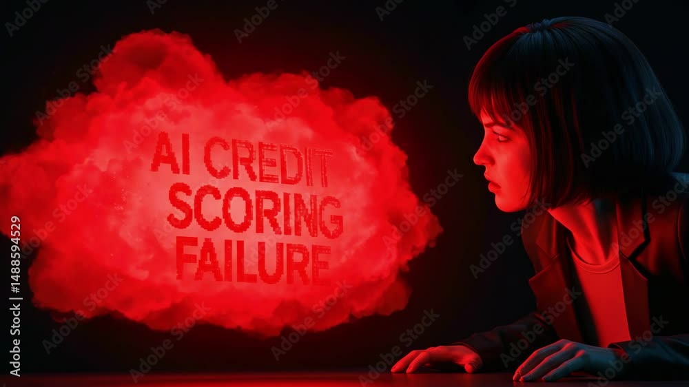 Woman gazes at a glowing red cloud displaying text about AI credit scoring failure, evoking concern