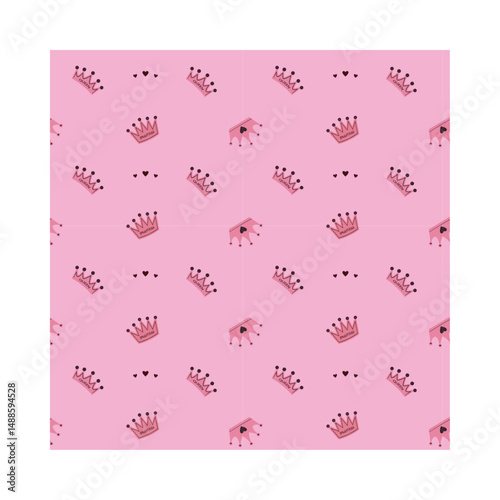This enchanting pattern features a playful arrangement of pink crowns and the phrase "Queen of Hearts" against a soft pink background. 