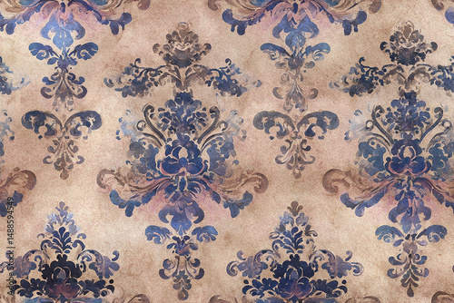 Elegant watercolor damask pattern with vintage style and antique decorative flourishes