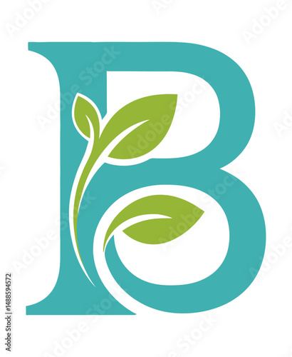 A stylized letter b in teal with green leaves growing from it on a white background in a logo design